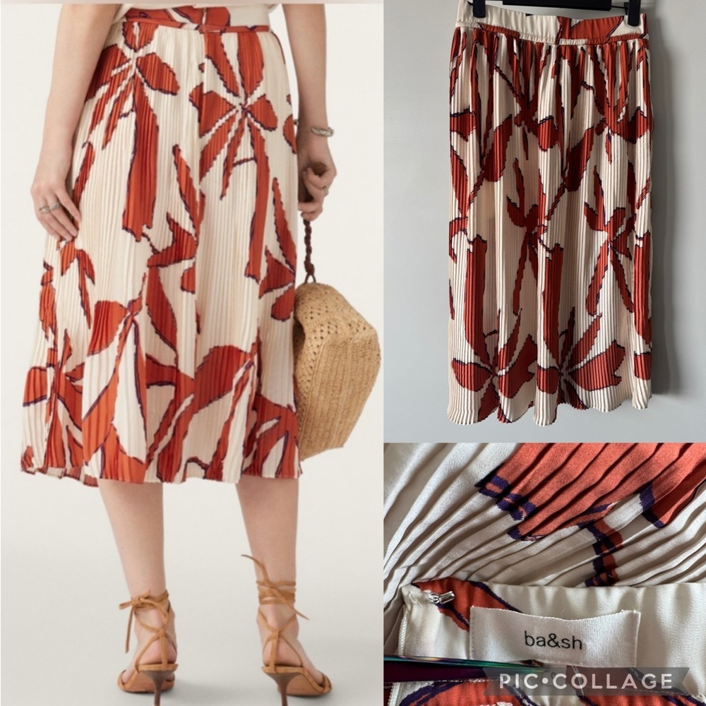 Ba&Sh Ecru Abstract Floral Midi Lady Skirt Pintuck Pleat Size 0 - Picture 11 of 13